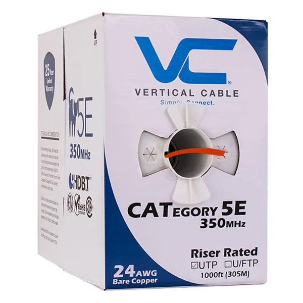 Vertical Cable Cat5e - 350 MHz, UTP, 24AWG, 8C Solid Bare Copper, 1000ft, Orange, Bulk Ethernet Cable - 151 Series