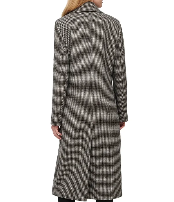 Calvin Klein Double Breasted Plaid Wool Blend Faux Leather Patch Pockets Walker Coat, Womens, XL, Black