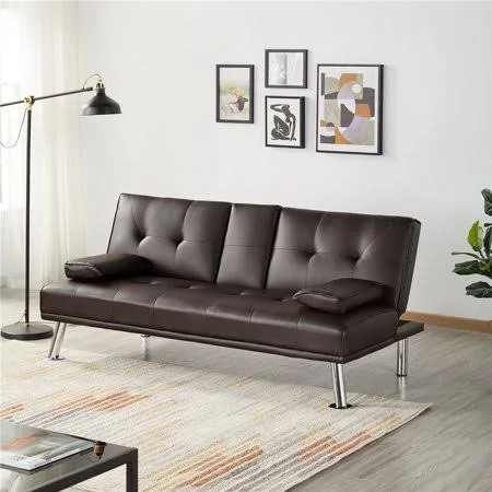 Alden Design Modern Faux Leather Reclining Futon with Cupholders and Pillows - Espresso, Size: 66x37x15.7in (LxWxH)