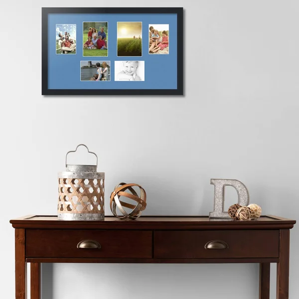 Collage Picture Frame - Satin Black Frame with 6 openings for 5x7 Photos with Liberty Blue Mat. D3926FG1104, ArtToFrames