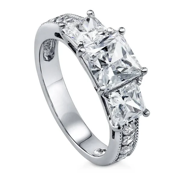Berricle Sterling Silver Princess Cut Cubic Zirconia CZ 3-Stone Anniversary Promise Wedding Engagement Ring 3.2 CTW Size 5
