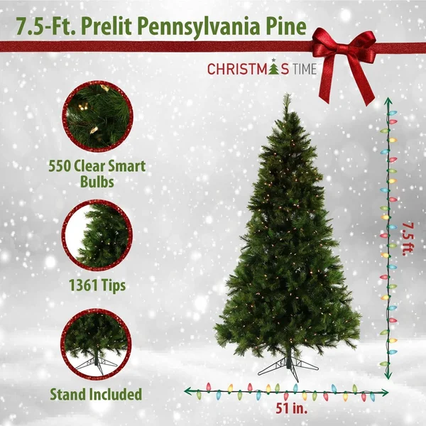 Christmas Time 7.5-ft. Pennsylvania Pine Artificial Christmas Tree with Clear Smart String Lighting