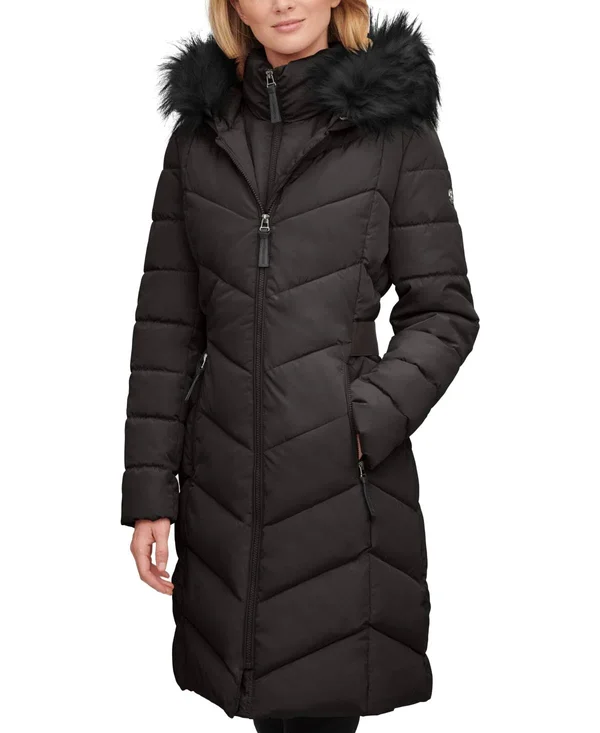 Calvin Klein Faux-Fur-Trim-Hooded Puffer Coat - Created for Macy&s - Black