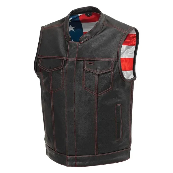 Born Free Motorcycle Leather Club Vest (Red Stitch), Size: 8XL