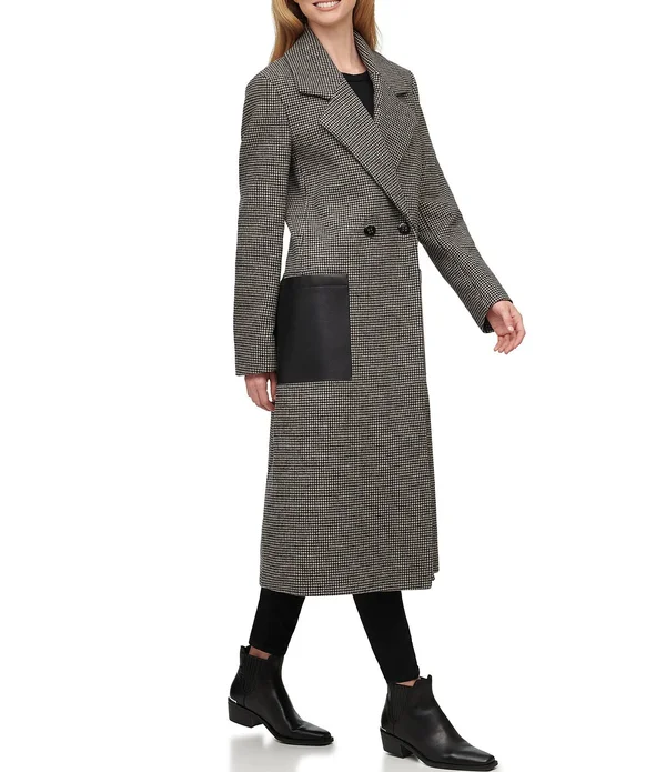 Calvin Klein Double Breasted Plaid Wool Blend Faux Leather Patch Pockets Walker Coat, Womens, XL, Black