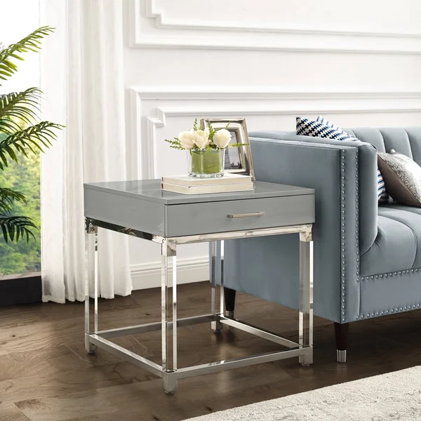 Alvaro High Gloss End Table with Acrylic Legs and Metal Base - Black-Gold