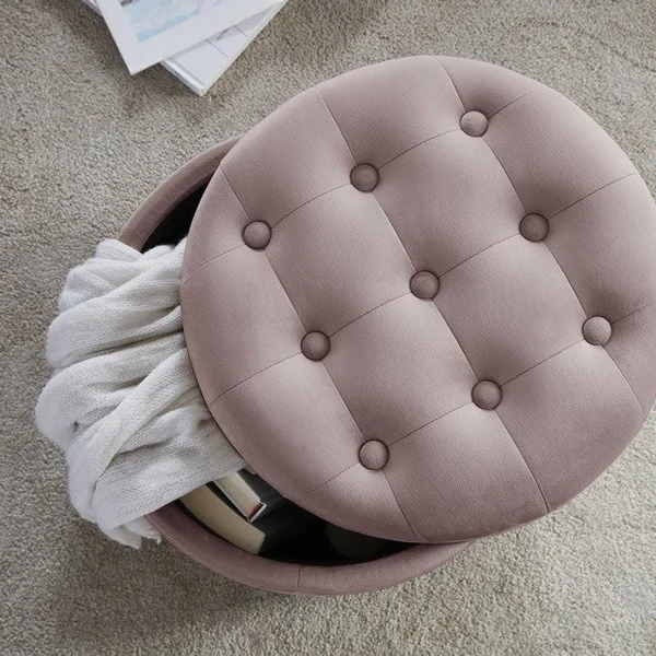 Oh Donovan Tufted Velvet Round Storage Ottoman - Navy