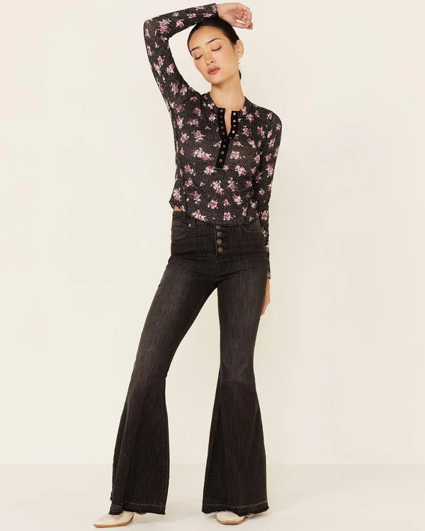 Free People One of The Girls Henley - Black X-Large - Women's