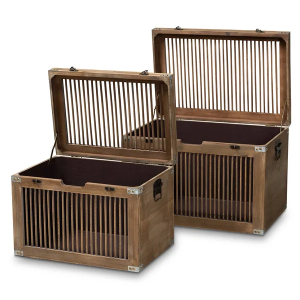 Baxton Studio Clement Rustic Transitional Medium Oak Finished 2-Piece Wood Spindle Storage Trunk Set
