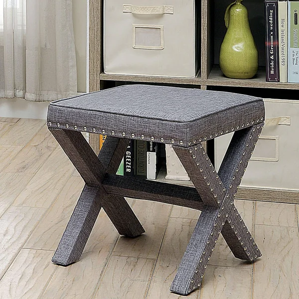 Furniture of America Kyon Transitional Linen X-Shaped Ottoman, Gray