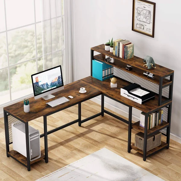 Tribesigns 67 inch Large L-Shaped Computer Desk with Hutch and Bookshelf - Home Office Desk with Storage Shelves and CPU Stand, B