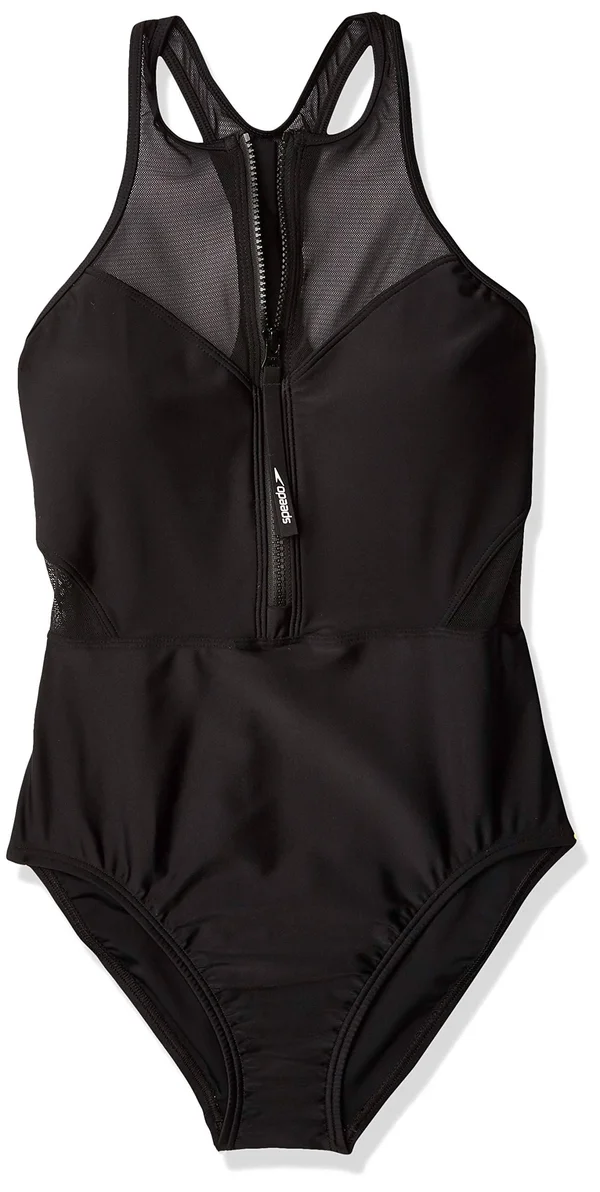 Speedo Women's Zip Front One Piece Swimsuit - Size 12, Black