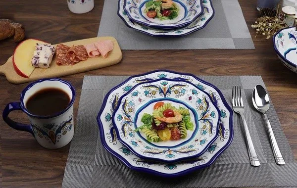 Samana Collection 16 Piece Euro Style Wavy Edge Stoneware Set by Lorren Home, Blue