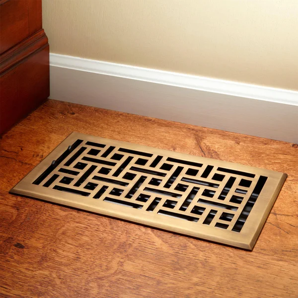 Wicker Style Brass Floor Register - Antique Brass 10x22x10x22 (11x22x11x22 Overall), Signature Hardware 398210