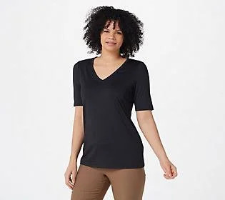 Susan Graver Modern Essentials Butterknit Elbow -Sleeve Top, Size 1X, Black