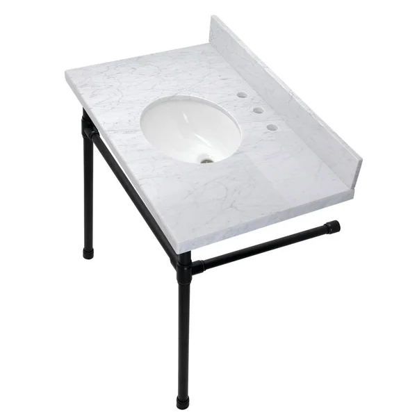 Kingston Brass Dreyfuss 36 in. Carrara Marble Console Vanity Top with Stainless Steel Legs in Marble Matte Black - Marble White/M