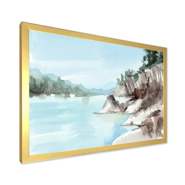 Designart 'Rocks by The Blue Lake' Lake House Framed Art Print - 20 in. Wide x 12 in. High - White