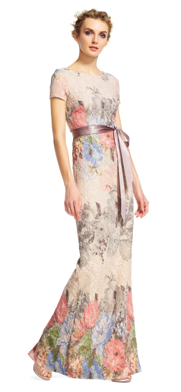 Adrianna Papell Floral-Print Column Gown - Pink 12