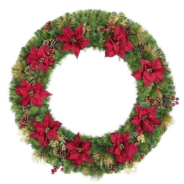 Home Holiday Accent 48 in. Burgundy Poinsettia Mixed Pine Wreath with Berries - Gold Glitter Cedar