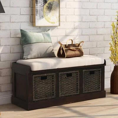 TREXM Rustic Storage Bench with 3 Removable Classic Rattan Basket - Entryway Bench Storage Bench with Removable Cushion (Espress
