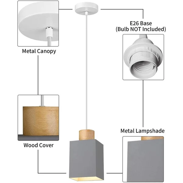 Modern Square Pendant Light with Grey Color Adjustable Pendant Lamp Fixture - Grey PL-1120, 4.7 x 4.7 x 40.6 inches