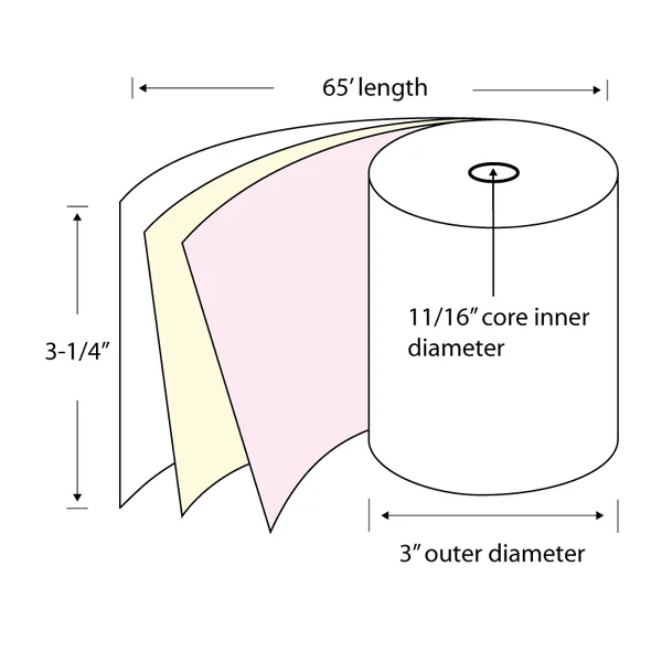 3-1/4x22 x 65& 3-Ply Carbonless Paper POS Rolls (Carton of 50 Rolls)