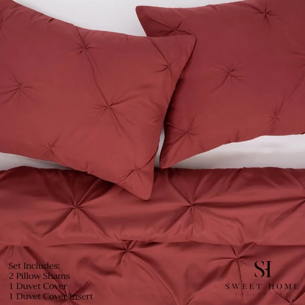 Luxury 4-Piece Pinch Pleat Pintuck Duvet Set - King, Burgundy