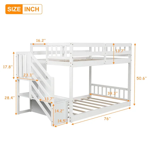 Twin Over Twin Floor Bunk Bed, Ladder with Storage - White