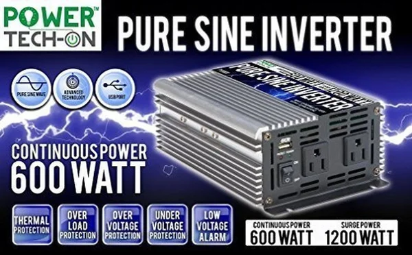 Power Techon 600W Pure Sine Wave Inverter 12V DC to 120V AC PS1001