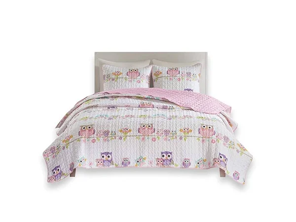 Comfort Spaces - Howdy Hoots Kids Bedspread Mini Quilt Set - 3 Piece - Pink White - Teens/Girls - Owl Print - Queen size, Includ