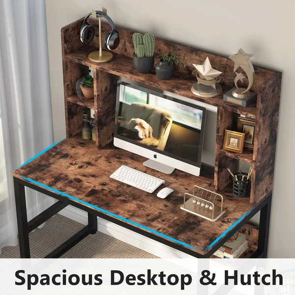 Computer Desk with Storage Shelves - 47 inch Modern Study Writing Desk with Hutch - Vintage Brown