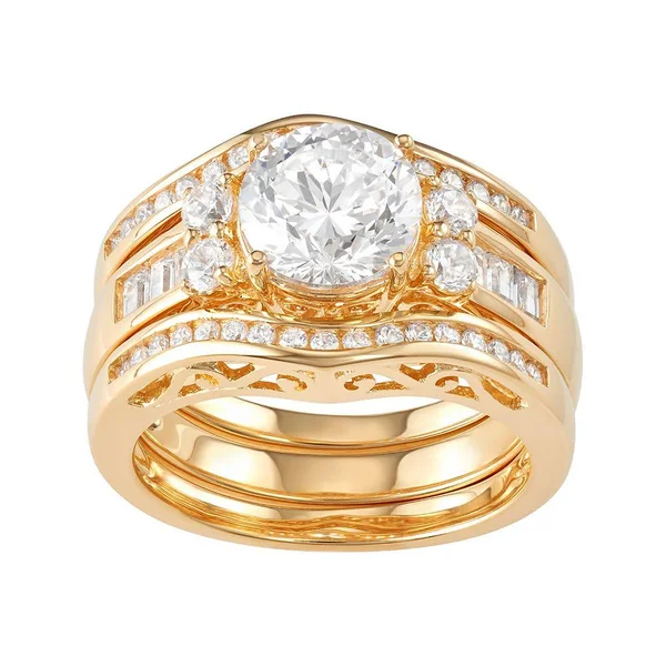 18K Gold Over Sterling Silver Cubic Zirconia Ring Set - Women's, Size: 6, White