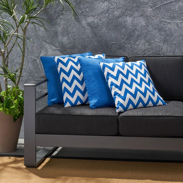 La Jolla Outdoor Striped Water Resistant Square Throw Pillows - Set of 4 - Blue/White - Zigzag