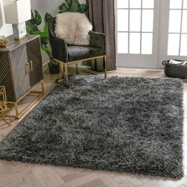 Well Woven Kuki Chie Glam Solid Textured Ultra-Soft Black 5&3 inch x 7&3 inch Two-Tone Shag Area Rug