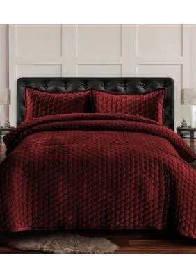 Tribeca Living Lugano Honeycomb Velvet Oversized Quilt Set, Red, Queen