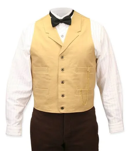 Classic Canvas Work Vest - Wheat Steampunk Mens Tan Cotton Notch Collar Work Vest (Big & Tall Size 3X), Gothic, Pirate, L