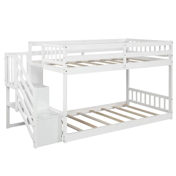 Twin Over Twin Floor Bunk Bed, Ladder with Storage - White