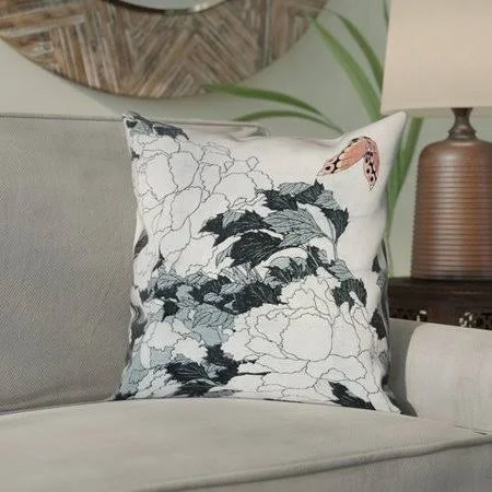 Bloomsbury Market Clair Peonies with Butterfly Square Linen Pillow COVER, Size: 26 inch x 26 inch, Gray