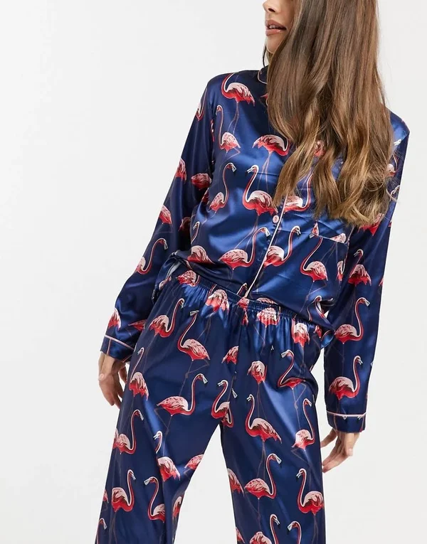 Night Satin Long Pajama Set with Flamingo Print in Navy - ASOS Outlet