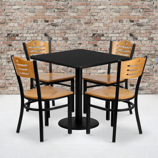 Flash Furniture 30&& Square Black Laminate Table Set with 4 Wood Slat Back Metal Chairs - Natural Wood Seat