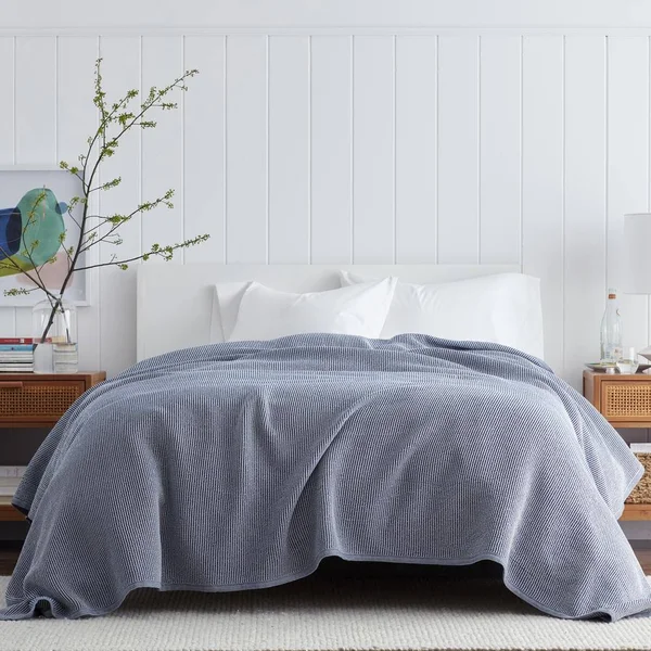 The Company Store Ellington Navy Cotton King Woven Blanket, Blue