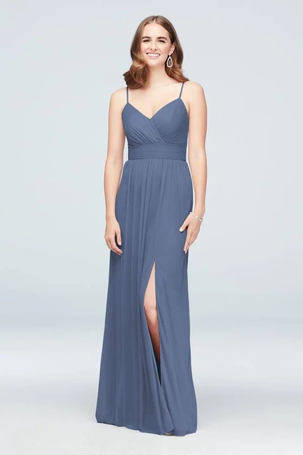 Spaghetti Strap Ruched Waist Mesh Bridesmaid Dress - Steel Blue, 26