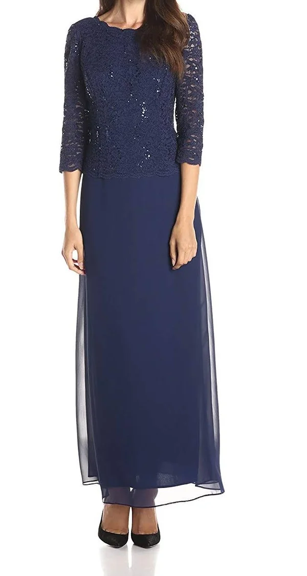 Alex Evenings Blue Women's Size 8p Petite Sequin Lace Maxi Dress