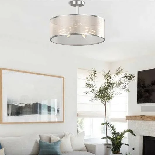 6-Light Semi Flush Mount Ceiling Light Pendant Lamp with Fabric Drum-Shaped Shade