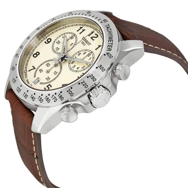 Tissot V8 Chronograph Leather Strap Watch - 43mm Brown/ Ivory/ Silver