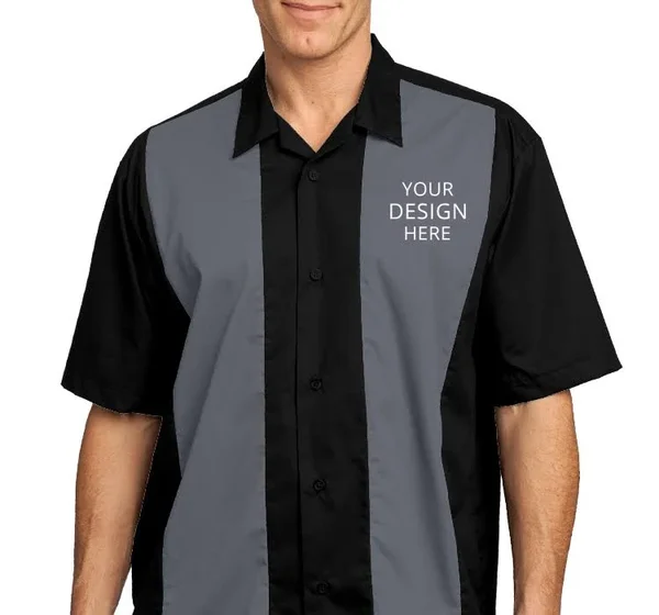 Custom Embroidered Port Authority Men's Bowling Shirts - Retro Camp Bowling Shirt, Size: S, Black/Steel Grey