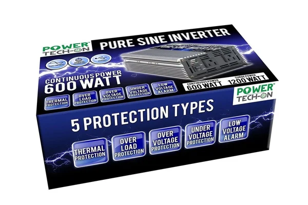 Power Techon 600W Pure Sine Wave Inverter 12V DC to 120V AC PS1001