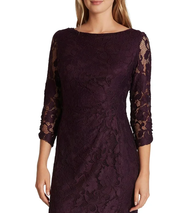 Tahari ASL Side-Ruched Lace Dress - Plum Purple