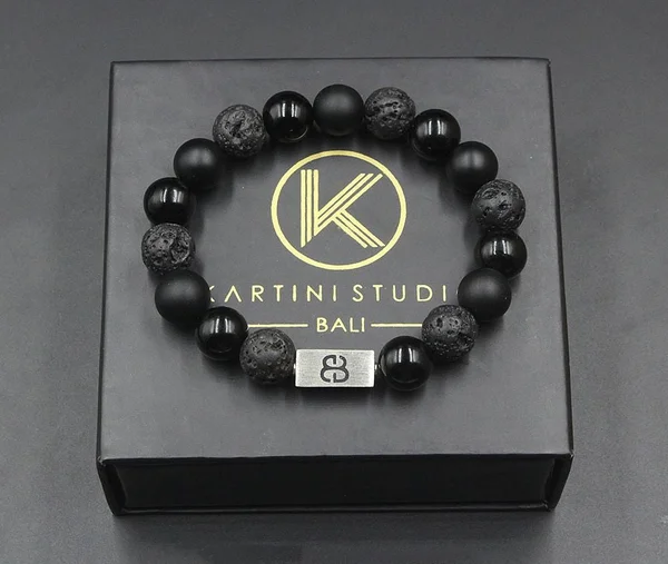Onyx, Lava Stone, and Obsidian Bracelet, Men's Black Bracelet, Black Onyx Bracelet, Lava Stone Bracelet, Black and Silver Bracel