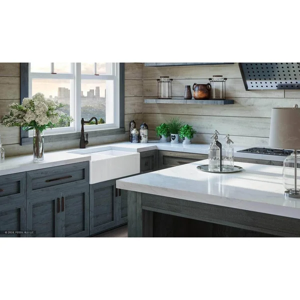 Fossil Blu Luxury 33 in. Ultra Fine Fireclay Modern Farmhouse Kitchen Sink in White, Double Bowl with Flat Front, Includes Drain